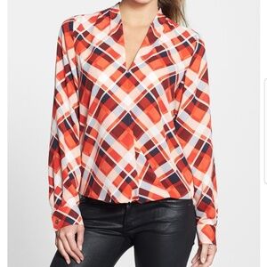 VINCE CAMUTO red plaid faux wrap blouse